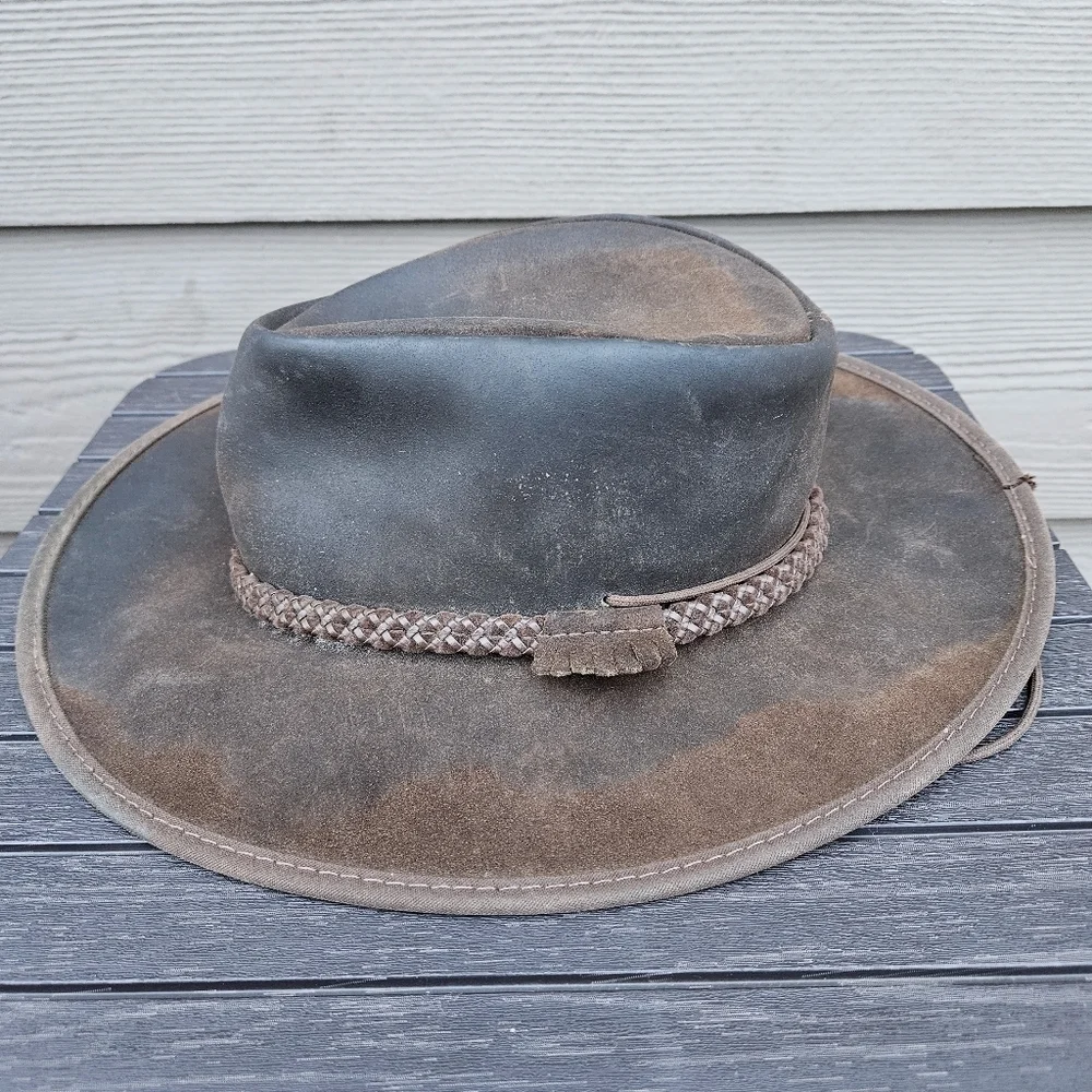 Zephyr Outback Western Rancher Hat Smooth Brown Leather w/ Chin Strap Vintage M